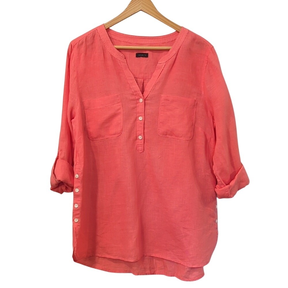 Talbots 100% Linen Button-Front‎ Tunic Top Bright Coral size 2X